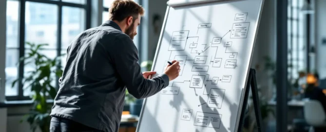 Mann Ende 30 skizziert mit Marker ein Datenflussdiagramm auf einem Whiteboard in einem modernen Büro.