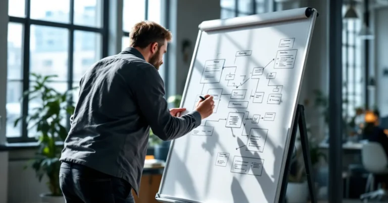 Mann Ende 30 skizziert mit Marker ein Datenflussdiagramm auf einem Whiteboard in einem modernen Büro.