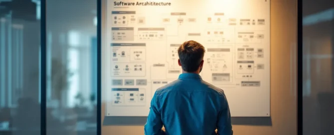 Mann Mitte 40 studiert Softwarearchitektur-Diagramm mit Microservices und APIs an Glaswand in modernem Büro.