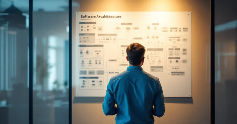 Mann Mitte 40 studiert Softwarearchitektur-Diagramm mit Microservices und APIs an Glaswand in modernem Büro.