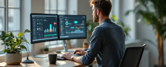 Mann Anfang 30 sitzt konzentriert am Stehschreibtisch im Coworking Space und arbeitet an zwei Monitoren mit Workflow-Dashboards.