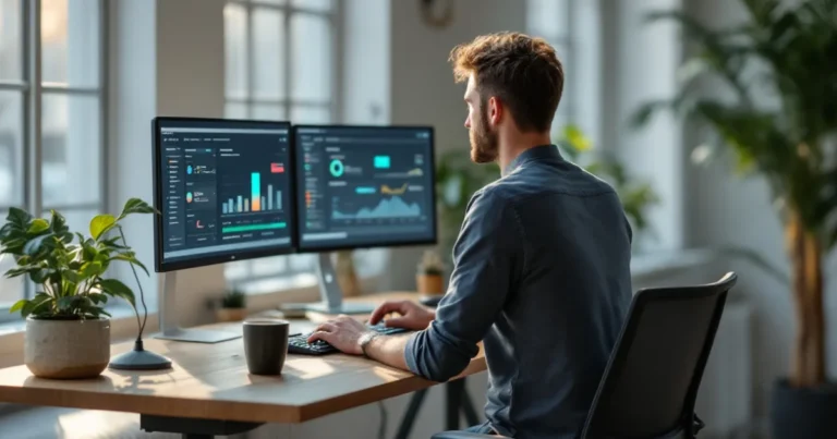 Mann Anfang 30 sitzt konzentriert am Stehschreibtisch im Coworking Space und arbeitet an zwei Monitoren mit Workflow-Dashboards.