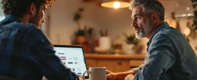 Mann mittleren Alters sitzt abends am Küchentisch und scrollt konzentriert durch eine Checkout-Seite auf seinem Laptop.