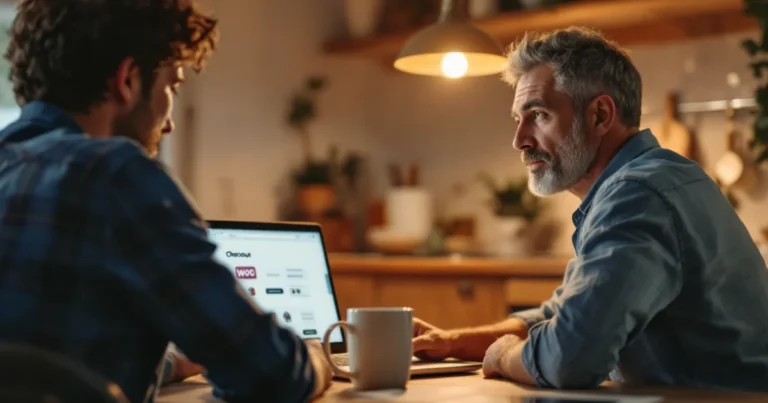 Mann mittleren Alters sitzt abends am Küchentisch und scrollt konzentriert durch eine Checkout-Seite auf seinem Laptop.