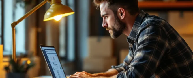 Mann Ende 30 arbeitet an Laptop mit Tabellen in kleinem Lagerbüro, warmes Lampenlicht, Kartons im Hintergrund.