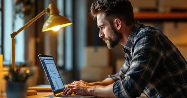Mann Ende 30 arbeitet an Laptop mit Tabellen in kleinem Lagerbüro, warmes Lampenlicht, Kartons im Hintergrund.