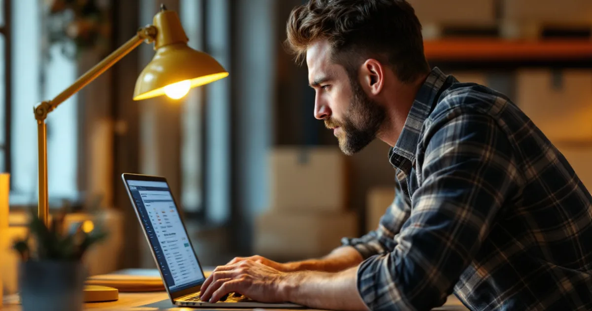 Mann Ende 30 arbeitet an Laptop mit Tabellen in kleinem Lagerbüro, warmes Lampenlicht, Kartons im Hintergrund.