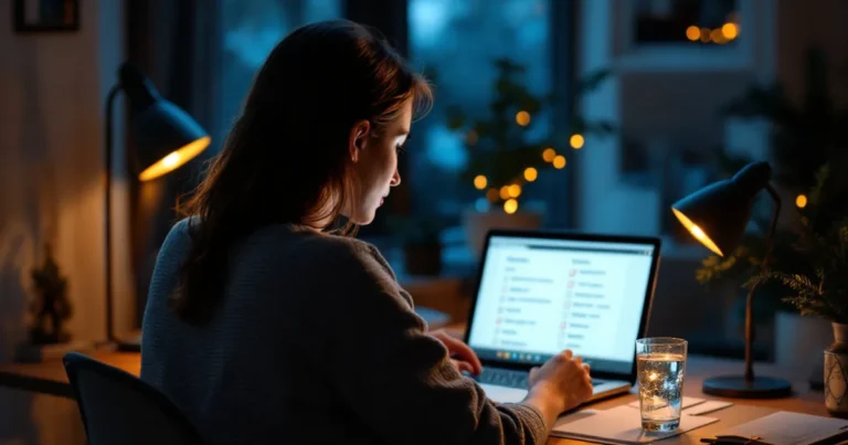 Frau Mitte 50 sitzt von hinten am Holzschreibtisch, prüft Checkliste auf leuchtendem Laptop, Glas Wasser daneben.
