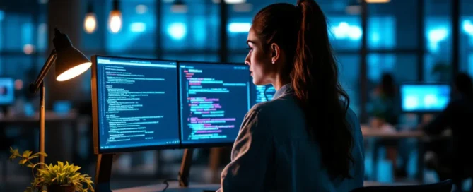 Frau an einem Stehschreibtisch im Co-Working-Space analysiert WooCommerce-Dashboard und Fehlerprotokolle auf zwei Monitoren.