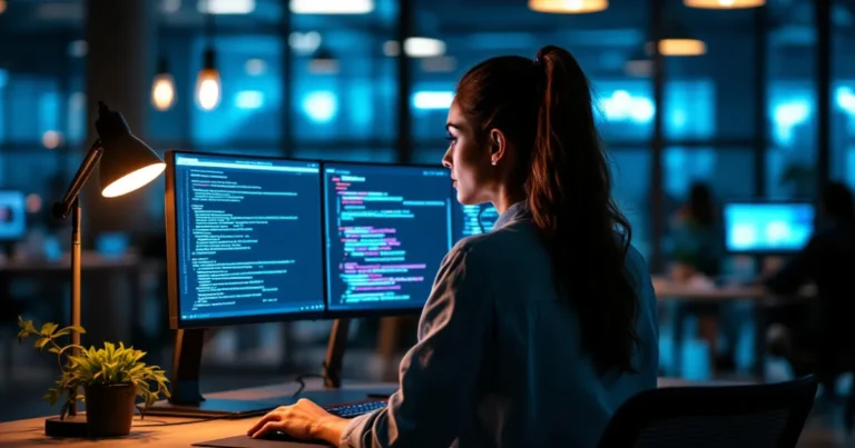Frau an einem Stehschreibtisch im Co-Working-Space analysiert WooCommerce-Dashboard und Fehlerprotokolle auf zwei Monitoren.