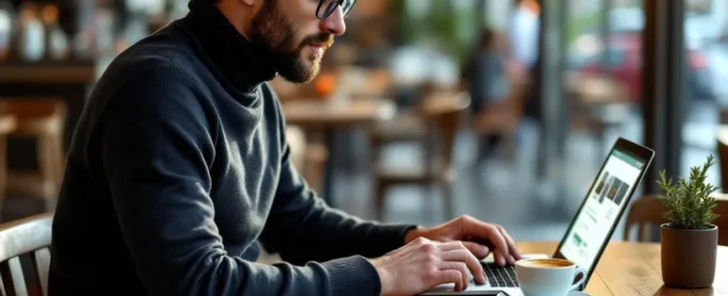 Mann Anfang 30 sitzt im Café am Holztisch, scrollt am Laptop, Espresso daneben, warmes Nachmittagslicht.