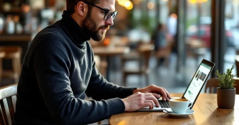 Mann Anfang 30 sitzt im Café am Holztisch, scrollt am Laptop, Espresso daneben, warmes Nachmittagslicht.
