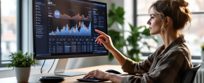 Frau Anfang 40 analysiert SEO-Daten an großem Monitor im modernen Coworking Space, natürliches Nordlicht durch Fensterfront.