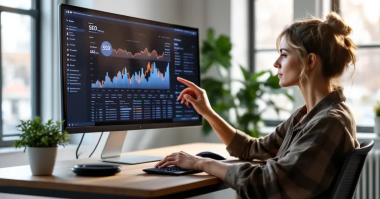 Frau Anfang 40 analysiert SEO-Daten an großem Monitor im modernen Coworking Space, natürliches Nordlicht durch Fensterfront.