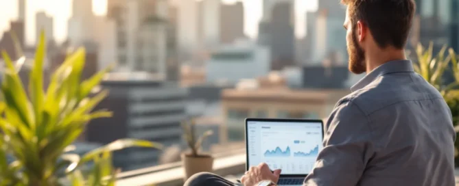 Mann Anfang 30 sitzt im Schneidersitz auf einer Dachterrasse, Laptop auf den Knien, WooCommerce-Dashboard geöffnet, Skyline im Hintergrund.