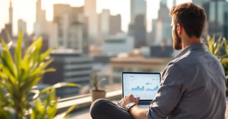 Mann Anfang 30 sitzt im Schneidersitz auf einer Dachterrasse, Laptop auf den Knien, WooCommerce-Dashboard geöffnet, Skyline im Hintergrund.