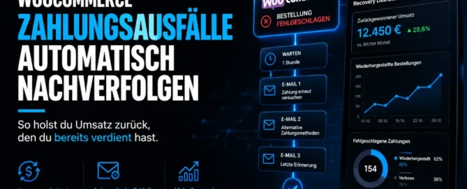 WooCommerce Dashboard zeigt fehlgeschlagene Zahlung mit automatischer Recovery E-Mail zur Nachverfolgung