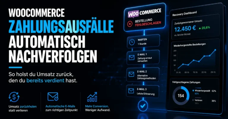 WooCommerce Dashboard zeigt fehlgeschlagene Zahlung mit automatischer Recovery E-Mail zur Nachverfolgung