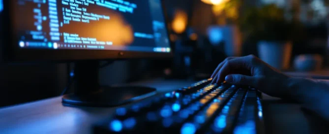 Hände einer Frau tippen auf mechanischer Tastatur, Monitor zeigt Backup-Logs im abgedunkelten Homeoffice.