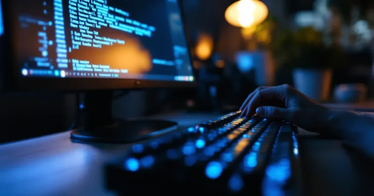 Hände einer Frau tippen auf mechanischer Tastatur, Monitor zeigt Backup-Logs im abgedunkelten Homeoffice.