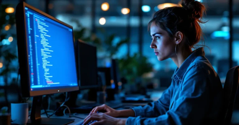Frau Anfang 30 sitzt seitlich an einem unaufgeräumten Schreibtisch und scrollt durch eine lange Plugin-Liste auf dem Monitor.