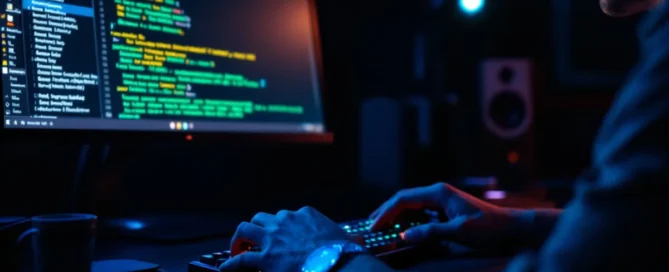 Entwicklerhände tippen auf mechanischer Tastatur, Terminal zeigt Plugin-Metriken, blaues Monitorglow im dunklen Homeoffice.