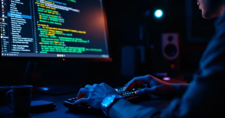 Entwicklerhände tippen auf mechanischer Tastatur, Terminal zeigt Plugin-Metriken, blaues Monitorglow im dunklen Homeoffice.