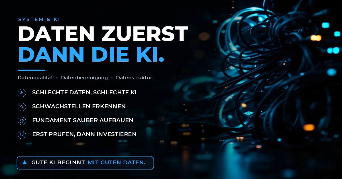 Datenqualität KI-Projekte: Warum sie alles entscheidet Wirres Kabelknäuel neben sauber sortierten Kabelbündeln auf dunkler Werkbank in blauem Licht, Sinnbild für Datenbereinigung