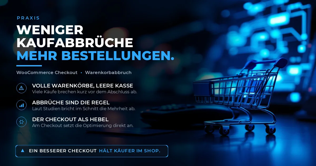 WooCommerce Checkout optimieren: Kaufabbrüche senken Chrom-Einkaufswagenmodell neben kontaktlosem Kartenlesegerät und Kreditkarte auf dunklem Tisch in kühlem Blaulicht, E-Commerce