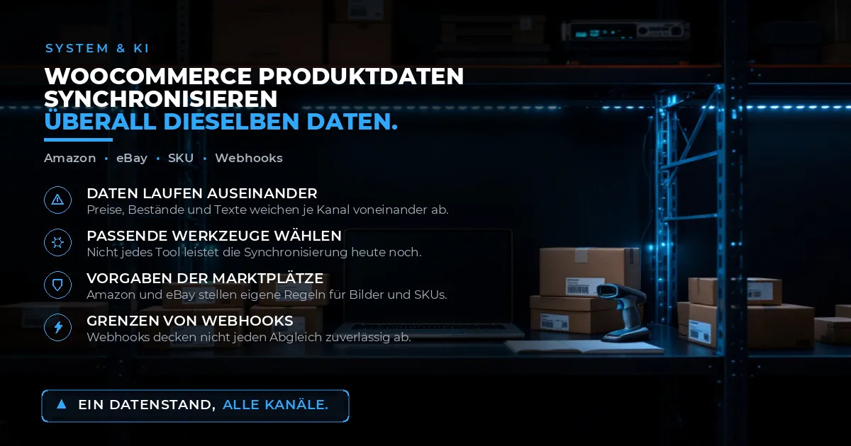 Kleines Lagerregal mit beschrifteten Produktkartons, Barcode-Scanner und Laptop in dunkelblauem Licht zur Bestandssynchronisierung