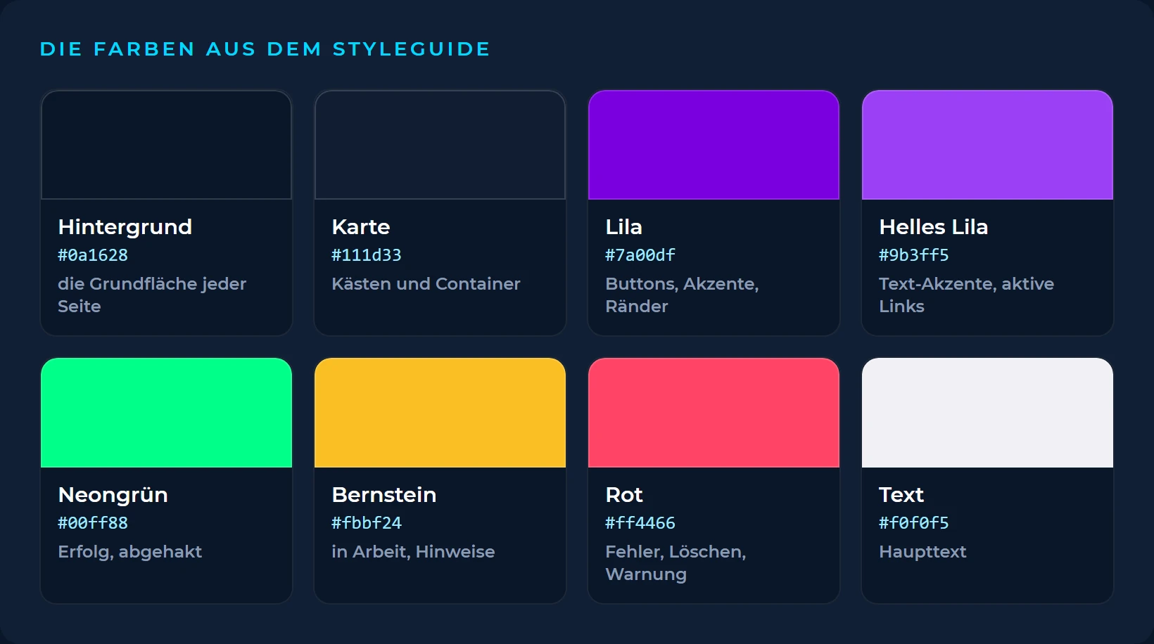 Die acht Farben aus dem Styleguide: Hintergrund 0a1628, Karte 111d33, Lila 7a00df für Buttons und Akzente, helles Lila 9b3ff5 für Text-Akzente, Neongrün 00ff88 für Erfolg, Bernstein fbbf24 für Hinweise, Rot ff4466 für Fehler und Text f0f0f5
