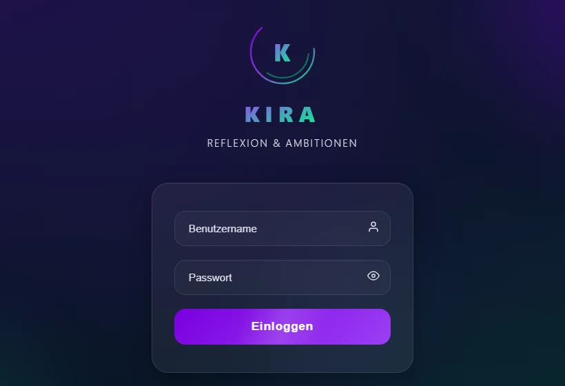 Die Anmeldeseite von KIRA: oben ein Ring mit dem Buchstaben K, darunter der Schriftzug KIRA und der Leitsatz Reflexion und Ambitionen, darunter die Felder Benutzername und Passwort und der Button Einloggen